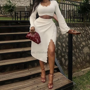 Women's Fall New Arrival Fresh Bell-Sleeve Slim-Fit Solid-Color Top & Split Skirt 2-Piece <b>Set</b> Fashion - Product Image 5
