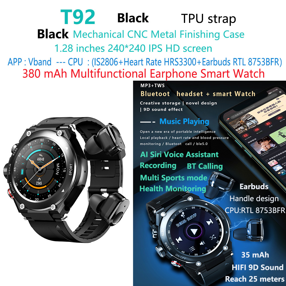 Reloj inteligente con auriculares T92-tws negros