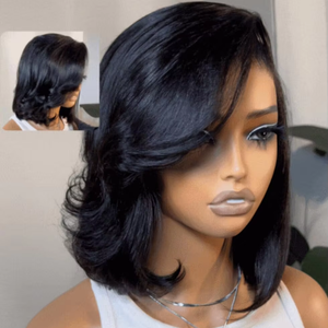 วิกผมบ๊อบสั้นผมแท้ พร้อมหน้าม้าแบบเป่า 4x4  วิกผมแท้แบบไม่ต้องใช้กาว  ถอนขนแล้ว  ฟอกสีปม  ตัดแต่งขอบลูกไม้แล้ว - Product Image 1