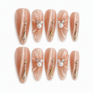 Faux ongles à presser en amande, avec perles 3D et strass, couvrance totale, pré-dessinés, prêts à poser pour les doigts - Product Image 1