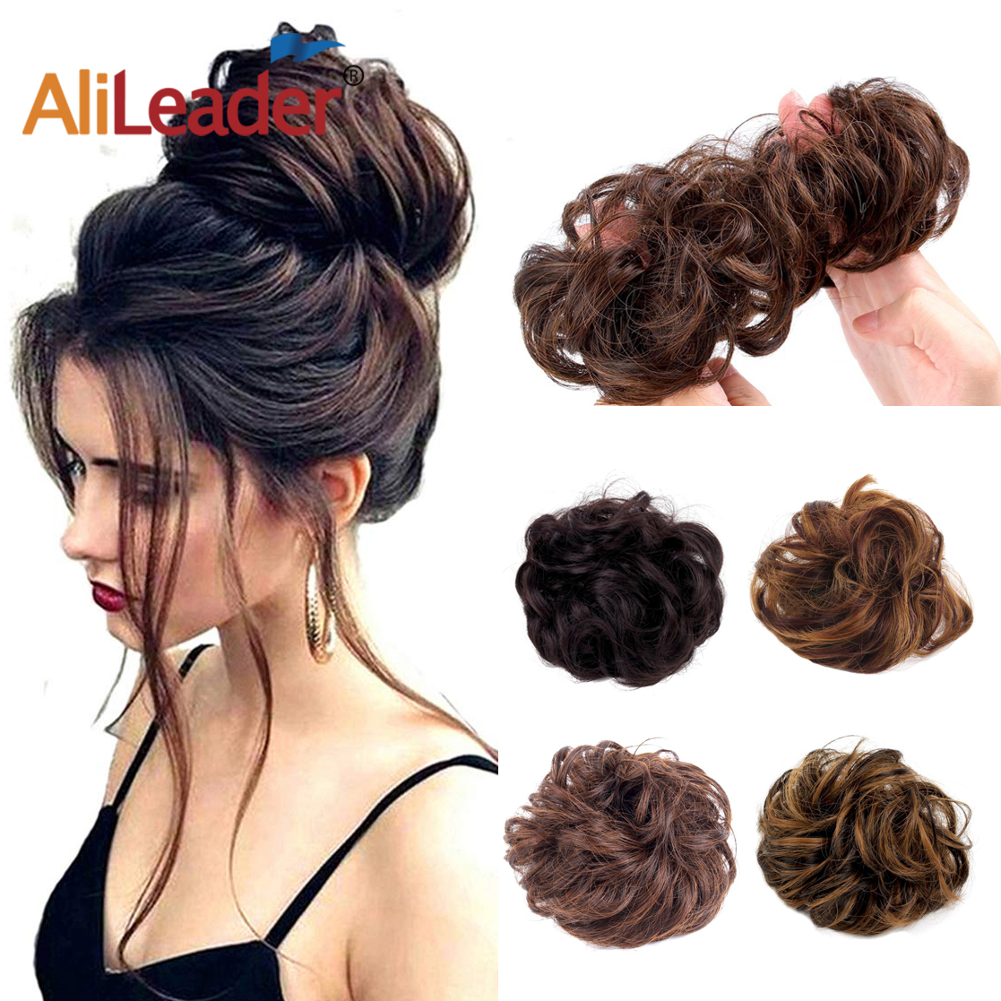 Alileader Messy Hair Bun Extensions Curly Hair Synthetic Hair Chignons Rope Piece Elastic Band Donut Updo Ponytail