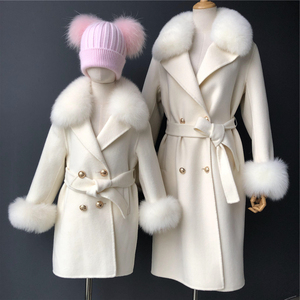 Manteau en laine pour maman et <span class=keywords><strong>moi</strong></span>, très tendance, avec col en vraie fourrure de <span class=keywords><strong>renard</strong></span>, manteau long en cachemire pour enfant avec ceinture, manteau en vraie fourrure de <span class=keywords><strong>renard</strong></span> - Product Image 1