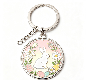 Porte-clés personnalisé en métal Lapin de Pâques, anneau émaillé rond, pendentif floral vintage, cadeau - Product Image 4