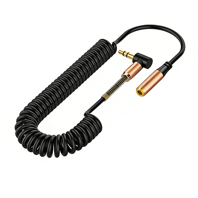 90 Degree Right Angle Coiled 3.5mm AUX Male to Female Spring Retractable Stereo Audio Extension Cable Laptop Compatible