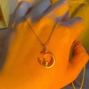 Moon And Rabbit Pendant Necklace 24k Gold Plated Copper Clavicle Chain For Women Gift Occasion - Product Image 1