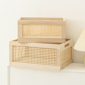 Rattan <b>Basket</b> <b>Storage</b> Box Rectangle Solid Wood No Lid Office Drawer Style Organizers for Sundries Desktop Use - Product Image 2