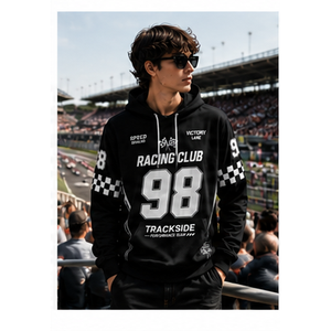 Sudadera con Capucha Personalizada OEM con Número Impreso para Fanáticos de Carreras, Sublimación Completa, Detalle de Bandera a Cuadros, Sudadera con Capucha para Hombre, Club de Carreras - Product Image 2