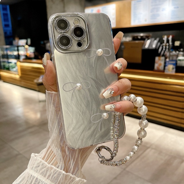 INS 3D Pearl Bow Simple Shiny Feather Yarn Phone case for iPhone 16 15 14 13 12 Pro Luxury Pearl Rhinestone Ring Bracelet Cover