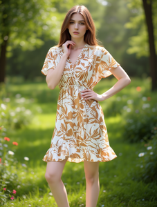 เดรสสั้นผ้าชีฟองพิมพ์ลายดอกไม้สำหรับผู้หญิง รุ่น LQ66-2 คอวี แขนสั้นทรงเอ เอวสม็อค ทรงหลวม สไตล์ลำลองสำหรับฤดูร้อน ชายระบาย - Product Image 2