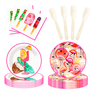 Juego de vajilla desechable con temática de flamencos DAMAI, platos de papel color morado claro para fiestas de verano en la playa, para 8 personas. - Product Image 3