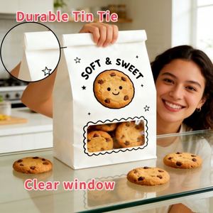 Sacs de boulangerie en papier kraft blanc biodégradable et recyclé, avec fenêtre et fermeture à languette rose, pour biscuits, chocolats et bonbons - Product Image 3