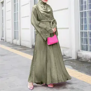 配套套装时尚缎面素色伊斯兰服装穆斯林晚装马克西休闲百褶女装迪拜阿巴亚