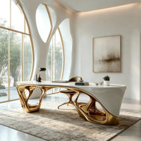 Escritorio Ejecutivo Moderno de Lujo de Fibra de Vidrio con Superficie Blanca Brillante y Base Escultural Hueca Dorada para Uso en el Hogar, Estudio u Oficina