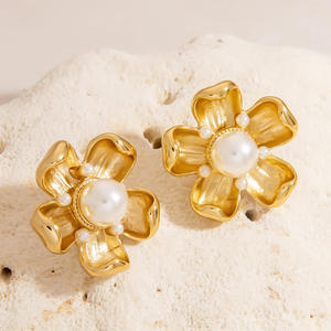 Pearl <b>Stud</b> Earrings 18K Gold Plated <b>Titanium</b> Steel Everyday Wear Geometric Design EH11890 - Product Image 2