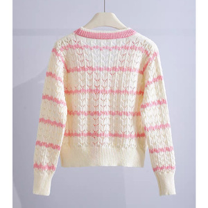 Zhan Ya Women's V-Neck Hollow Knit <b>Cardigan</b> Loose Striped Full Sleeve <b>Spring</b> Korean Style Breathable Sweater - Product Image 2