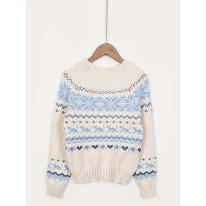 Suéter de Manga Larga con Hombros Descubiertos, Azul, Tejido Jacquard Asiático, Top de Invierno para Mujer - Product Image 4