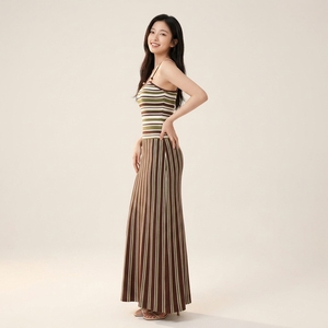 Robe longue décontractée d'été pour femme, personnalisée, en crochet, à taille empire, à rayures, sans bretelles, coupe trapèze, en acrylique, ajustée, sans manches - Product Image 6
