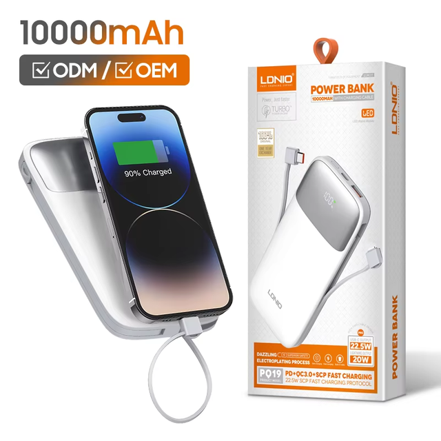 LDNIO PQ19 Slim Powerbank 10000mah Power Bank Wholesale High Quality With Build-in Cable PD Fast Charging Portable Power Bank