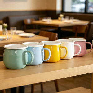 Tasses à café en émail épaisses et colorées de 12 oz, forme tambour, pour le petit-déjeuner, avec logo personnalisé, pour le marché européen, vente en gros OEM - Product Image 1