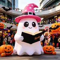 Décoration gonflable d'Halloween durable en tissu Oxford, motif chapeau de sorcière fantôme multicolore mignon lisant un livre, pour fêtes et événements en extérieur