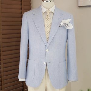 Traje Casual para Hombre MTM, Azul Claro, Mezcla de Lana, Seda y Lino, Blazer con Forro Parcial y Diseño Espigado, Transpirable para Verano - Product Image 1