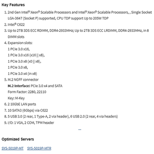 เมนบอร์ดเซิร์ฟเวอร์ MBD-X11SPI-TF ATX พร้อมซ็อกเก็ตเดี่ยว LGA-3647 (SocketP) Intel C622, รองรับ DDR4 จัดส่งรวดเร็ว ราคาดี - Product Image 4