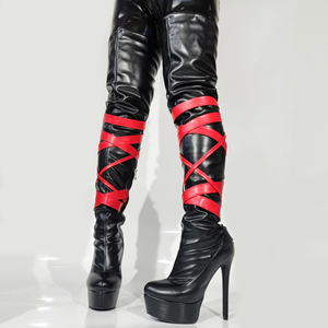 Bottes hautes pour femmes à plateforme épaisse, grande taille 47, à lacets, avec lanières croisées rouges - Product Image 6