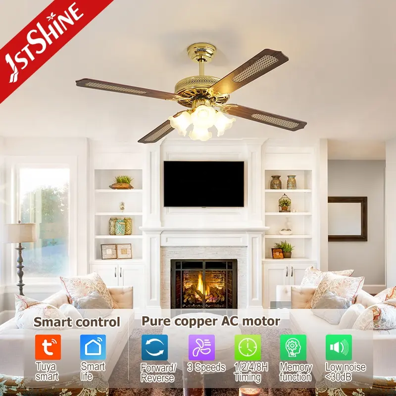 1stshine ceiling fan traditional MDF blades OEM color 52 inches remote control pure copper AC motor ceiling fan light