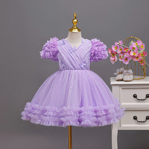 Robe de princesse pour filles, douce et agréable pour la peau, avec manches bouffantes florales 3D, décor papillon, jupe en tulle à volants scintillants, pour anniversaire et mariage - Product Image 1