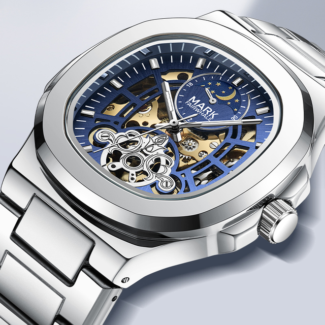 Mark Fairwhale Men's Automatic Watch Steel Square Hollow Mechanical Watch Luminous Pointer Business Steel Strap Watch FW-6012