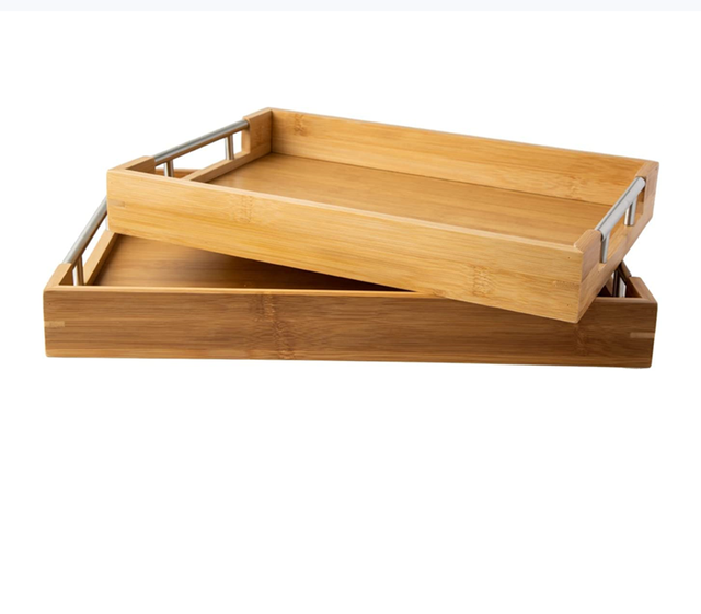 Return to Nature Modern Bamboo Serving Trays with Metal Handles Set of 2 Bamboo Trays That Nests Large and Small Trays