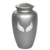 Urne funéraire en métal argenté mat avec ailes d'ange gravées blanches, finition artisanale, vente en gros