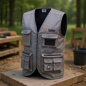 Ttake Multi-Pocket Summer Work <b>Utility</b> <b>Vest</b>-Grey M Polyester Lightweight Zipper Closure 7-9 Compartments - Product Image 3