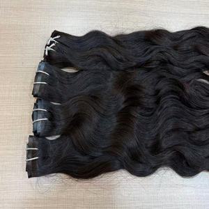 Extensions à clips en PU, <span class=keywords><strong>cheveux</strong></span> humains vierges russes naturels ondulés, Remy bruts, double épaisseur, cuticules alignées, sans couture, vente en gros, nouveauté - Product Image 6