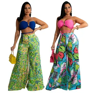 FS8712D yaz iki parçalı setleri kadın korse üstleri çiçek baskılı geniş bacak pantolon kıyafetler