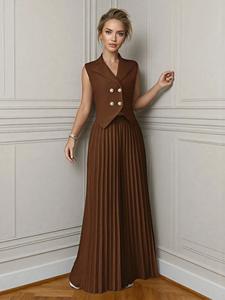 Dames Mouwloos Dubbel Rij-Rij Reversvest En Geplooide Wijde Pijpen Tweedelige Set Formele Werkfeestoutfit - Product Image 4