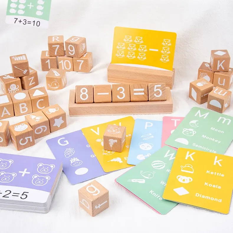 Giocattolo per bambini numeri in legno cubo building blocks educativo fai da te giocattolo in legno Montessori per bambini calcolo della sottrazione di addizione
