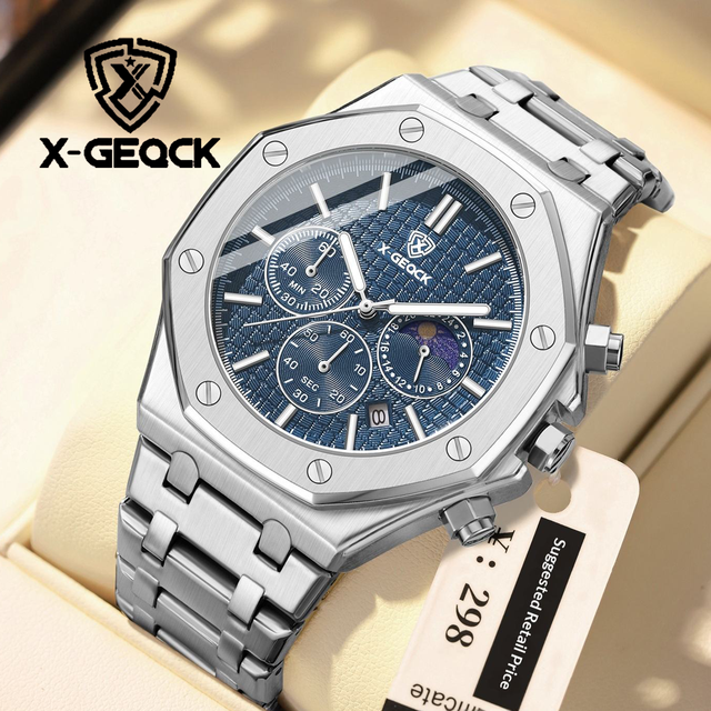 Luxury Business Stainless Steel Strap  Moon Phase Waterproof Calendar  Multifunctional Night Light Fashion Men's Quartz Watch