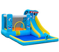 Château gonflable en forme de requin avec filet de protection, toboggan et piscine à balles pour enfants, idéal pour la maison et les centres de jeux intérieurs