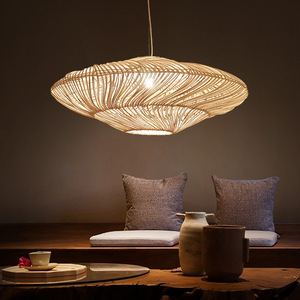 Rattan Pendant <b>Light</b> Round E27 Fluorescent Bulb For Living Room Bedroom Study <b>Dining</b> Room Zen Style Decor - Product Image 1