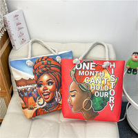 Sac fourre-tout en toile avec impression artistique de fille africaine noire, motif de dessin animé amusant, poignée en corde noire, sacs à bandoulière confortables pour le shopping