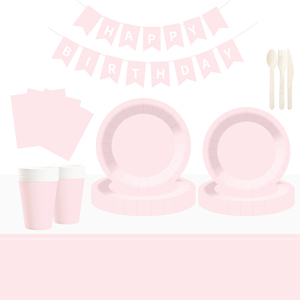 DAMAI – Ensemble de vaisselle jetable rose clair en papier pour fêtes, assiettes de 7 et 9 pouces, gobelets en papier, couverts et serviettes - Product Image 1