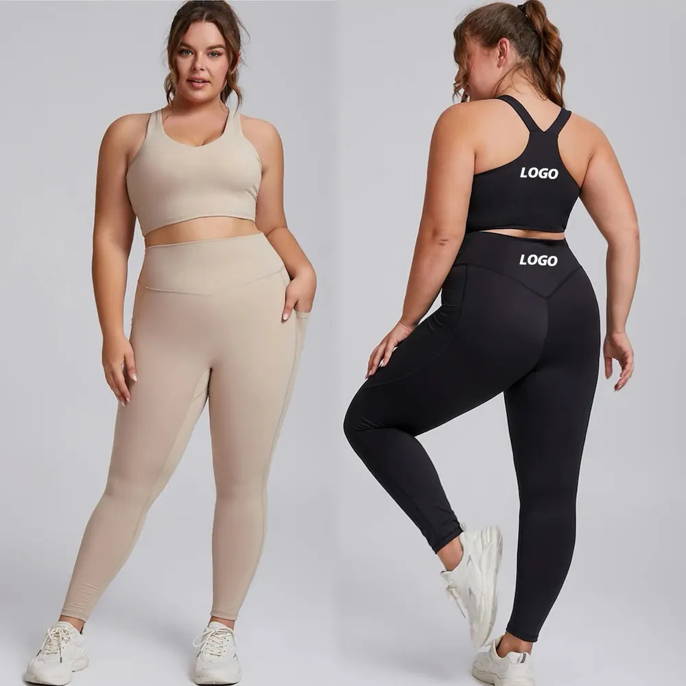 Wholesale XS to 3XL Plus Size Racer Back Sports Bra With Pocket Running Leggings  Custom Ladies Yoga Set Pilates Fitness Apparel