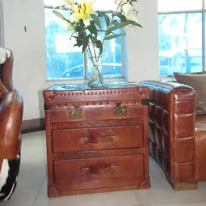 Meja Samping Steamer Antik Bulu Sapi Asli Meja Samping dengan Dekorasi Laci Celana Antik dan Peti Penyimpanan
