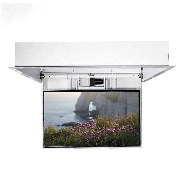 Smart Home Modern Motorized Ceiling Mount Automatic TV Bracket Remote Control Steel Construction 50kg Capacity White Office