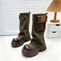 Bottes hautes pour femmes, tige en microfibre, talon épais, semelle plateforme, décoration de poche, semelle extérieure en caoutchouc, style européen