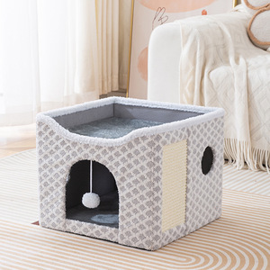 Maison pliable pour chat, lit en peluche pour animaux de compagnie avec griffoir, abri pour chat d'intérieur à 2 niveaux, utilisation hivernale - Product Image 5