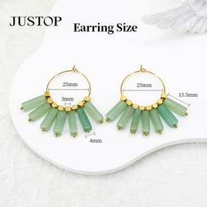 Vente en gros de boucles d'oreilles vintage unisexe en acier inoxydable, pierre naturelle faite à la main, aventurine verte, bijoux respectueux de l'environnement - Product Image 4