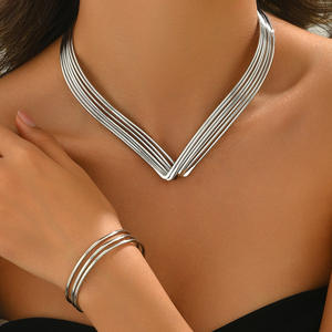 2025 New Exquisite Fashionable High Quality Gold <b>Silver</b> Toned Multi Strand <b>Necklace</b> and Bracelet V - Shape Statement Jewelry <b>Set</b> - Product Image 5