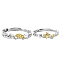 Bagues de couple en argent sterling S925 avec motif fleur et arbre en chêne et kapok pour homme et femme – Design unique et de niche